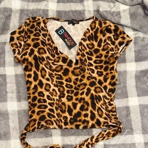 Leopard Print V-Neck Tie-Waist Top - Brown